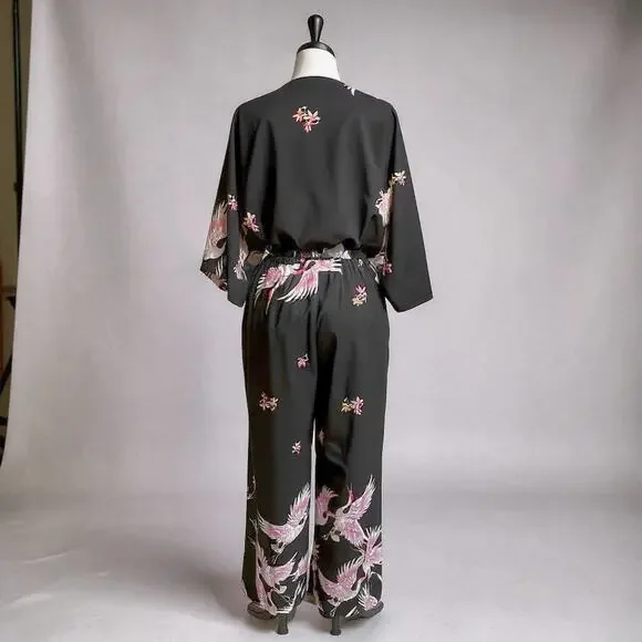 Luxe Blush and Black Blossom and Crane Print Kimono Style Junpsuit - Picture 3 of 4